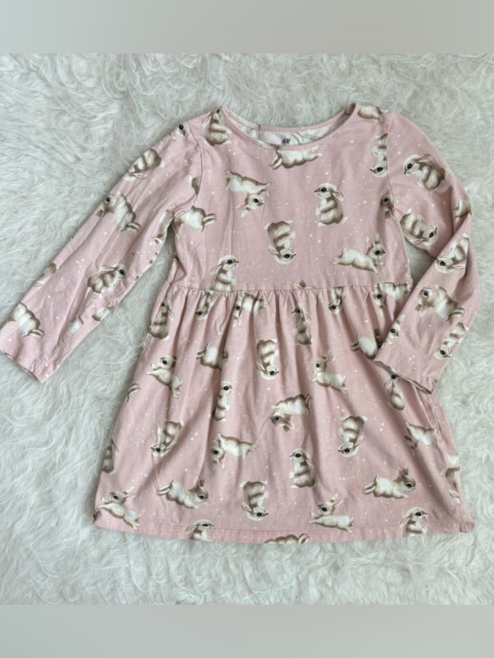 H&M Girls Whimsical Pink Bunny Print Long Sleeve Dress